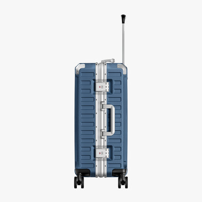 LUGGEX Zipperless aluminum 22-inch check-in luggage with a 4-stage adjustable handle, reinforced corners, dual TSA-approved locks, removable privacy divider, and shock-absorbing spinner wheels. #color_blue