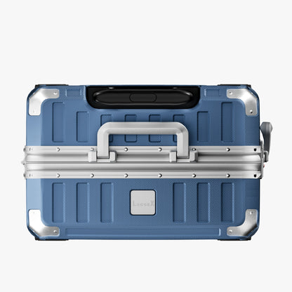 LUGGEX Zipperless aluminum 22-inch check-in luggage with a 4-stage adjustable handle, reinforced corners, dual TSA-approved locks, removable privacy divider, and shock-absorbing spinner wheels. #color_blue