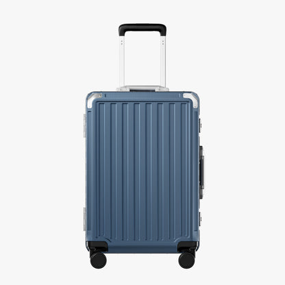 LUGGEX Zipperless aluminum 22-inch check-in luggage with a 4-stage adjustable handle, reinforced corners, dual TSA-approved locks, removable privacy divider, and shock-absorbing spinner wheels. #color_blue