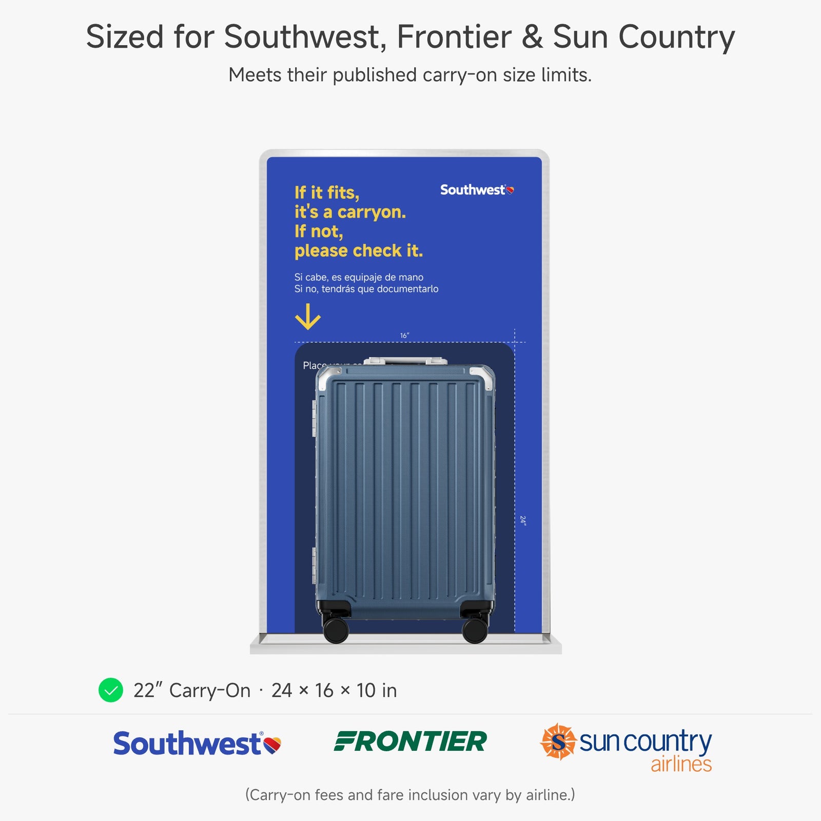 LUGGEX 22-inch blue carry-on luggage fitting inside a Southwest Airlines size gauge, certified for Southwest, Frontier, and Sun Country airlines at 24x16x10 inches#color_blue