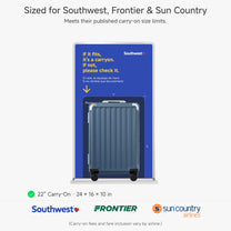 LUGGEX 22-inch blue carry-on luggage fitting inside a Southwest Airlines size gauge, certified for Southwest, Frontier, and Sun Country airlines at 24x16x10 inches#color_blue