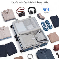 LUGGEX carry-on suitcase interior layout showing hidden privacy layer, removable privacy divider that hangs on a closet rod, smooth zippers, compression straps, and quick-view mesh pockets#color_blue
