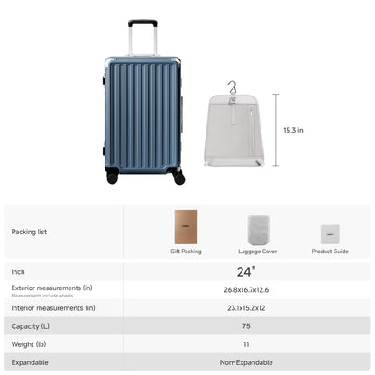 LUGGEX 24-inch aluminum frame check-in luggage size and capacity overview, showing exterior and interior dimensions, 75L capacity, non-expandable design, and removable privacy divider. 