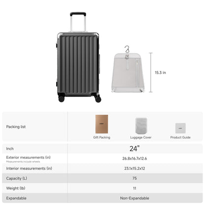 LUGGEX 24-inch aluminum frame check-in luggage size and capacity overview, showing exterior and interior dimensions, 75L capacity, non-expandable design, and removable privacy divider. 