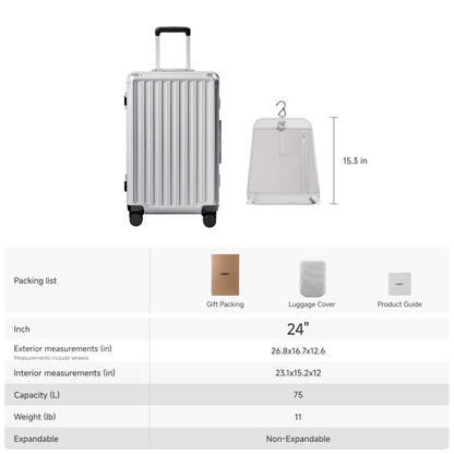 LUGGEX 24-inch aluminum frame check-in luggage size and capacity overview, showing exterior and interior dimensions, 75L capacity, non-expandable design, and removable privacy divider. 