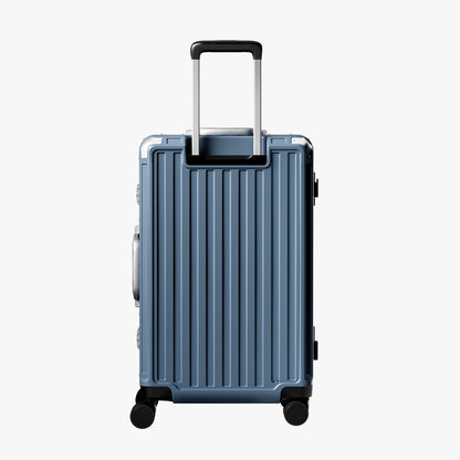 Back view of an aluminum frame check-in  suitcase with spinner wheels and a telescopic handle, designed for durable and smooth travel. 