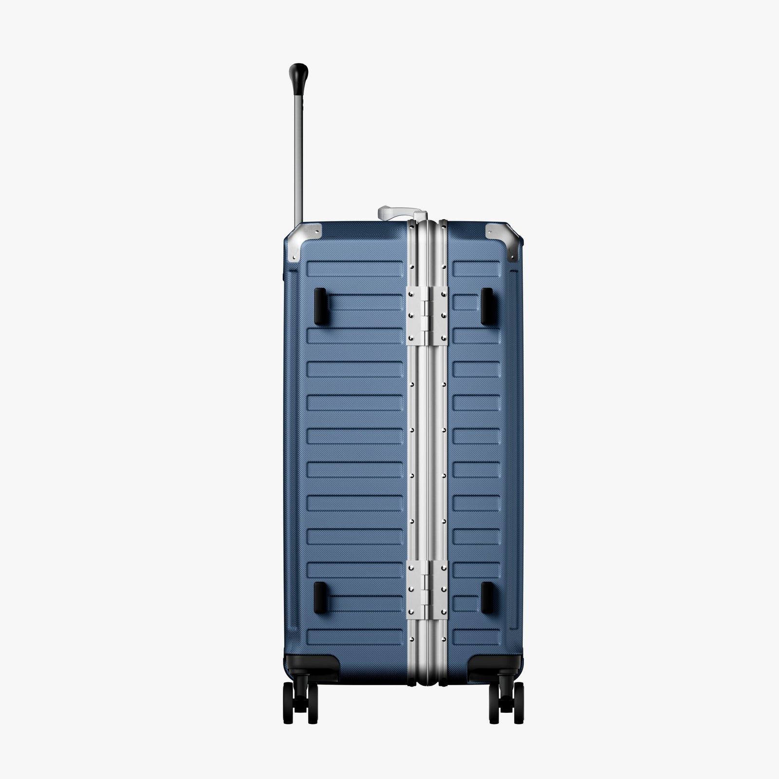 Back view of an aluminum frame check-in  suitcase with spinner wheels and a telescopic handle, designed for durable and smooth travel. 