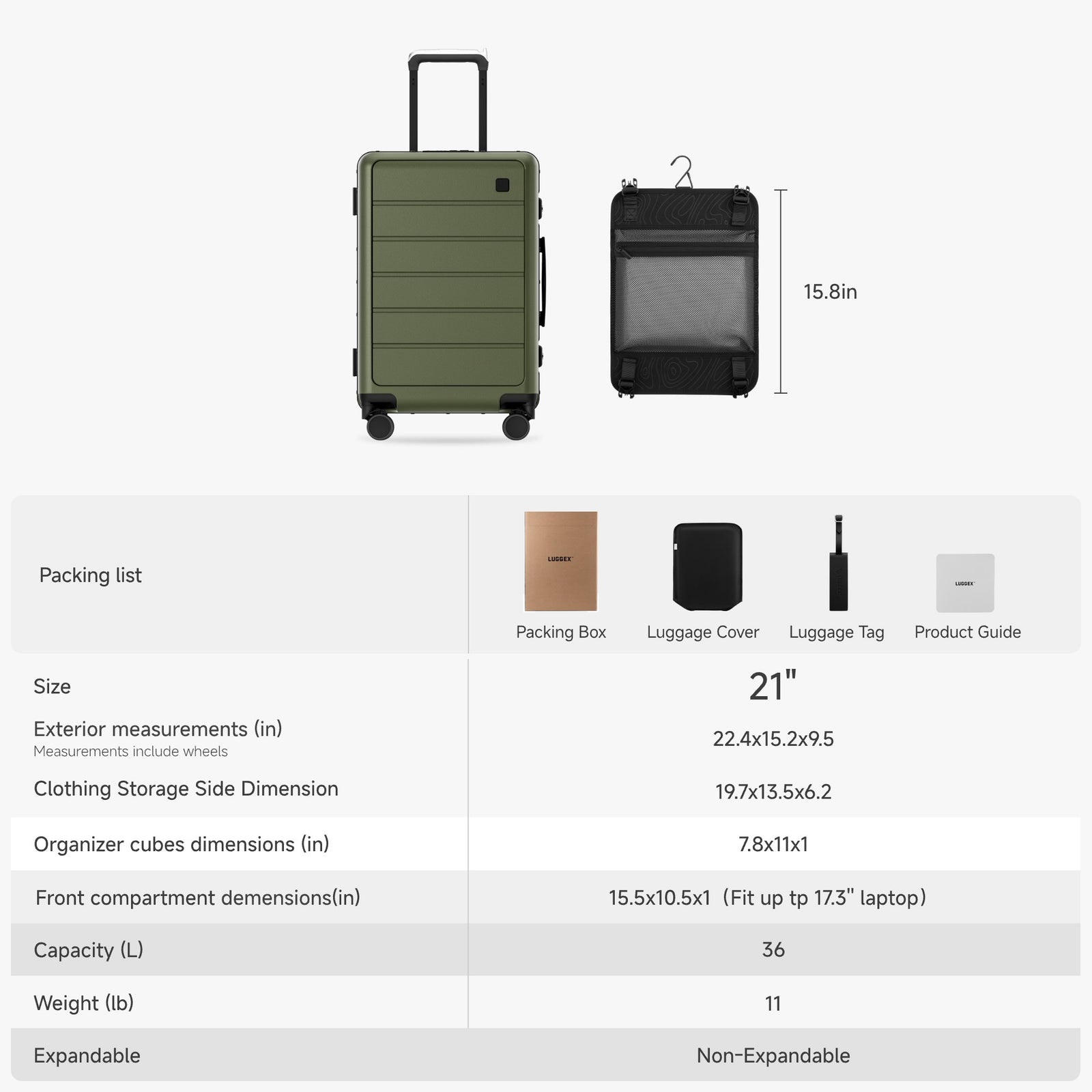 LUGGEX 21-inch carry-on luggage with included packaging box, luggage cover, product guide, luggage tag, and detailed size specifications. #color_olive_green