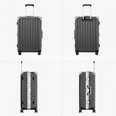 LUGGEX luggage feature diagram highlighting 3-stage adjustable handle, zipperless aluminum frame, 4 reinforced corners, 2 TSA-approved locks, removable privacy divider, and shock-absorbing spinner wheels#color_charcoal
