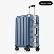 luminum frame luggage showing 100% polycarbonate shell, reinforced corner protectors, TSA-approved locks, aluminum frame structure, and 360-degree shock-absorbing spinner wheels. #color_blue