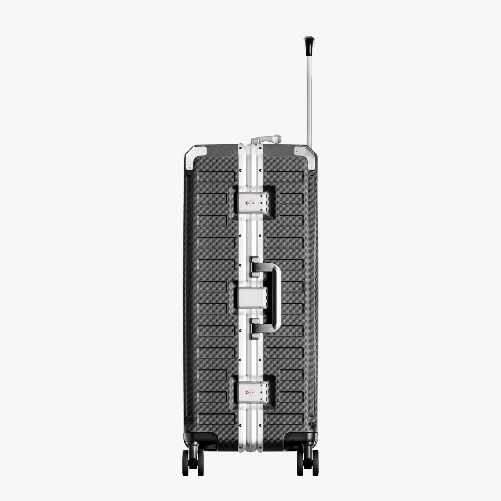 LUGGEX Zipperless aluminum 26-inch check-in luggage with a 4-stage adjustable handle, reinforced corners, dual TSA-approved locks, removable privacy divider, and shock-absorbing spinner wheels. #color_charcoal