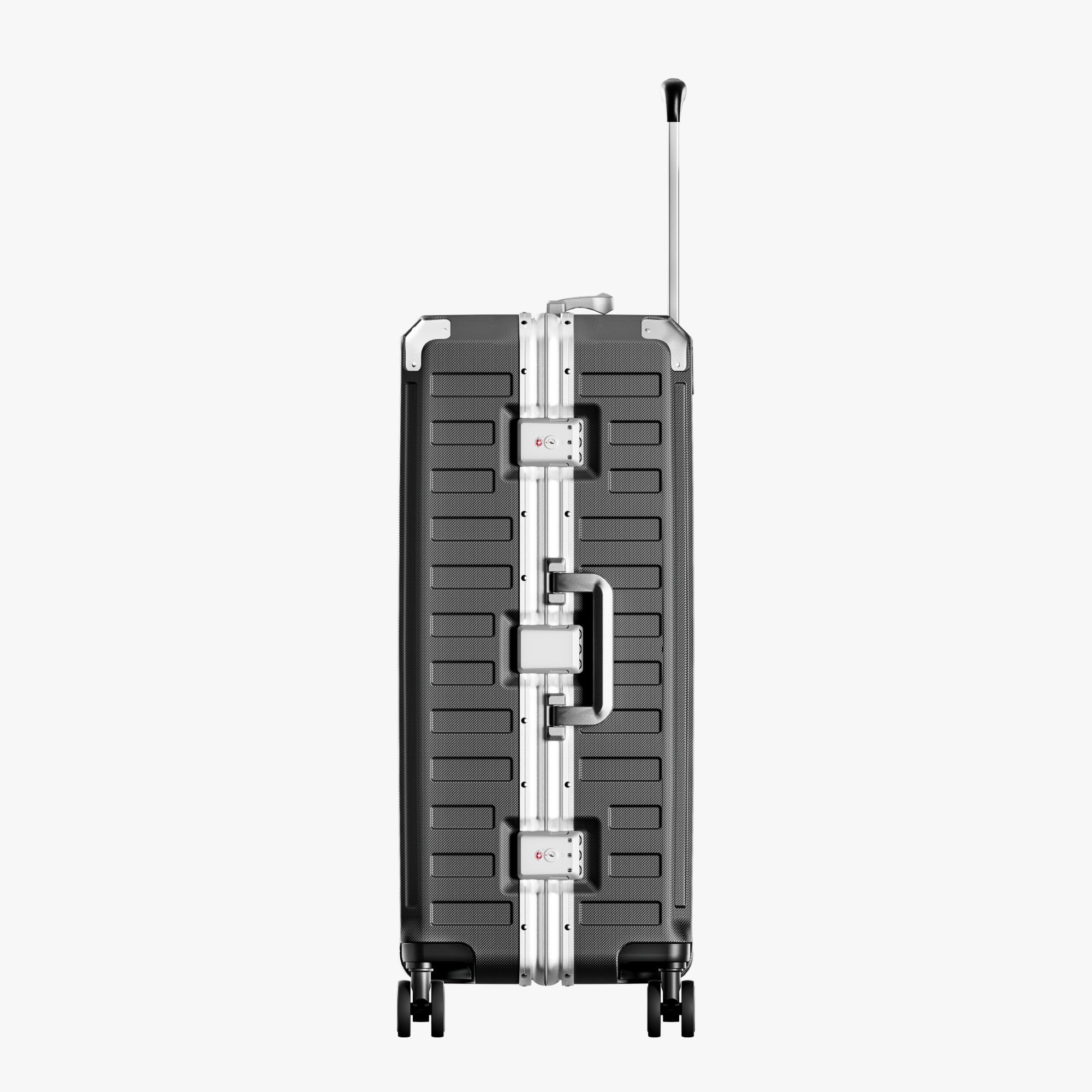 LUGGEX Zipperless aluminum 26-inch check-in luggage with a 4-stage adjustable handle, reinforced corners, dual TSA-approved locks, removable privacy divider, and shock-absorbing spinner wheels. #color_charcoal