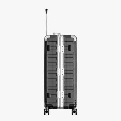 LUGGEX Zipperless aluminum 26-inch check-in luggage with a 4-stage adjustable handle, reinforced corners, dual TSA-approved locks, removable privacy divider, and shock-absorbing spinner wheels. #color_charcoal