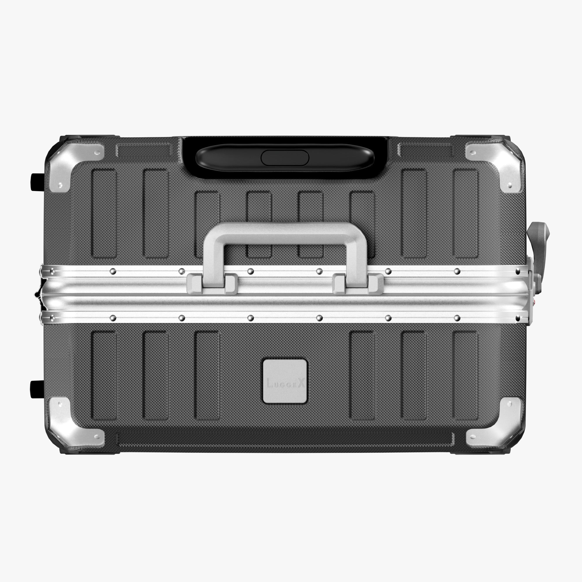 LUGGEX Zipperless aluminum 26-inch check-in luggage with a 4-stage adjustable handle, reinforced corners, dual TSA-approved locks, removable privacy divider, and shock-absorbing spinner wheels. #color_charcoal