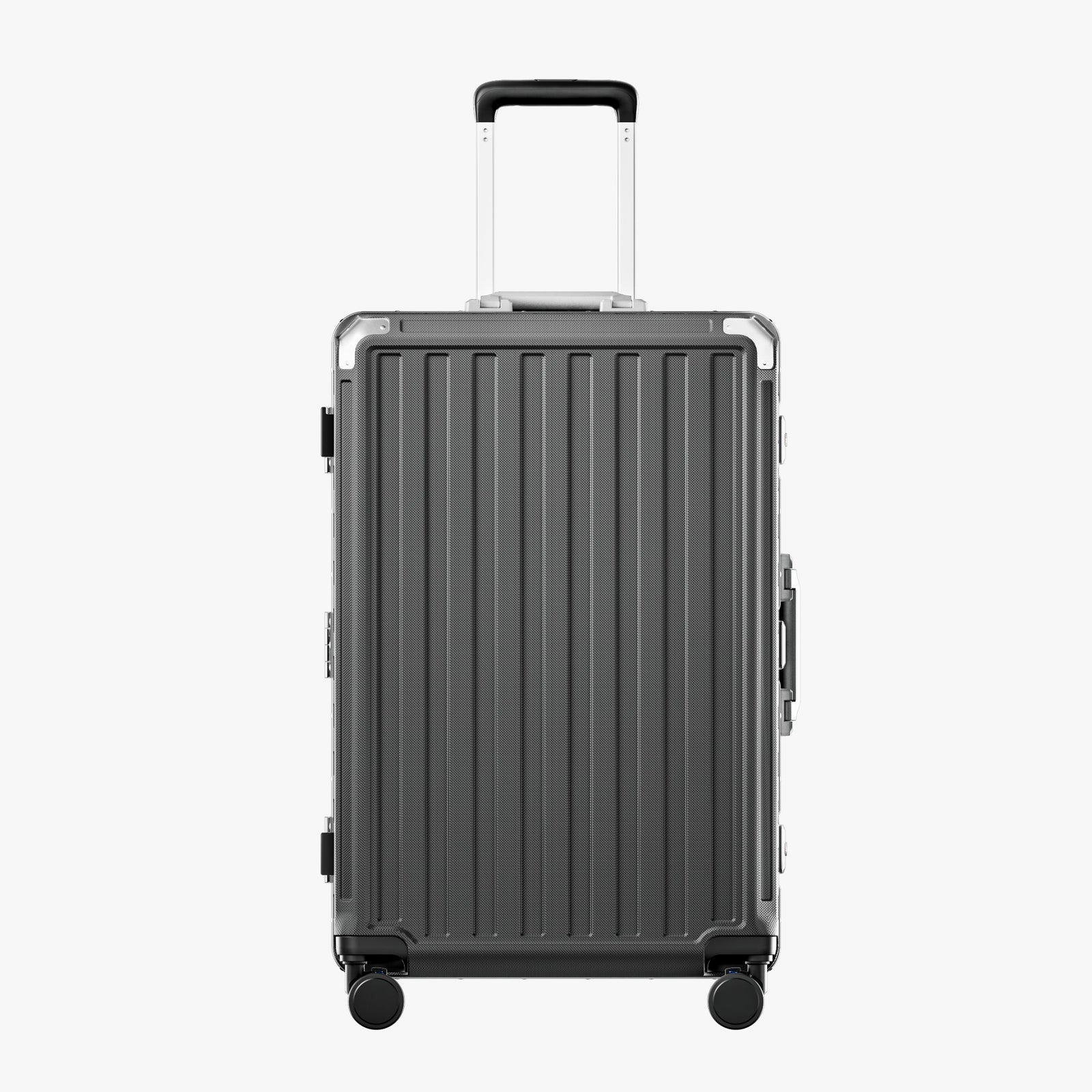 LUGGEX Zipperless aluminum 28-inch check-in luggage with a 4-stage adjustable handle, reinforced corners, dual TSA-approved locks, removable privacy divider, and shock-absorbing spinner wheels. #color_charcoal