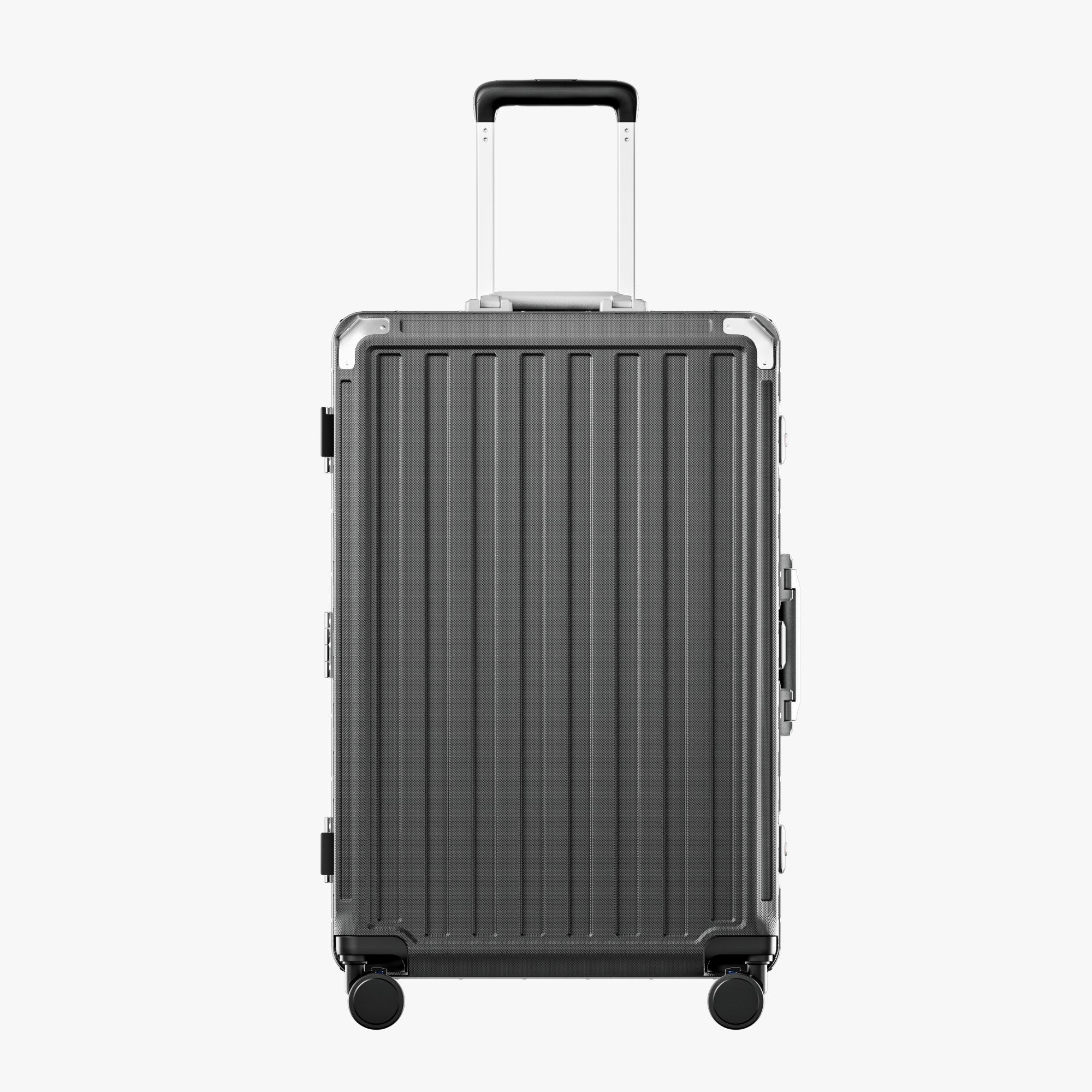 LUGGEX Zipperless aluminum 28-inch check-in luggage with a 4-stage adjustable handle, reinforced corners, dual TSA-approved locks, removable privacy divider, and shock-absorbing spinner wheels. #color_charcoal