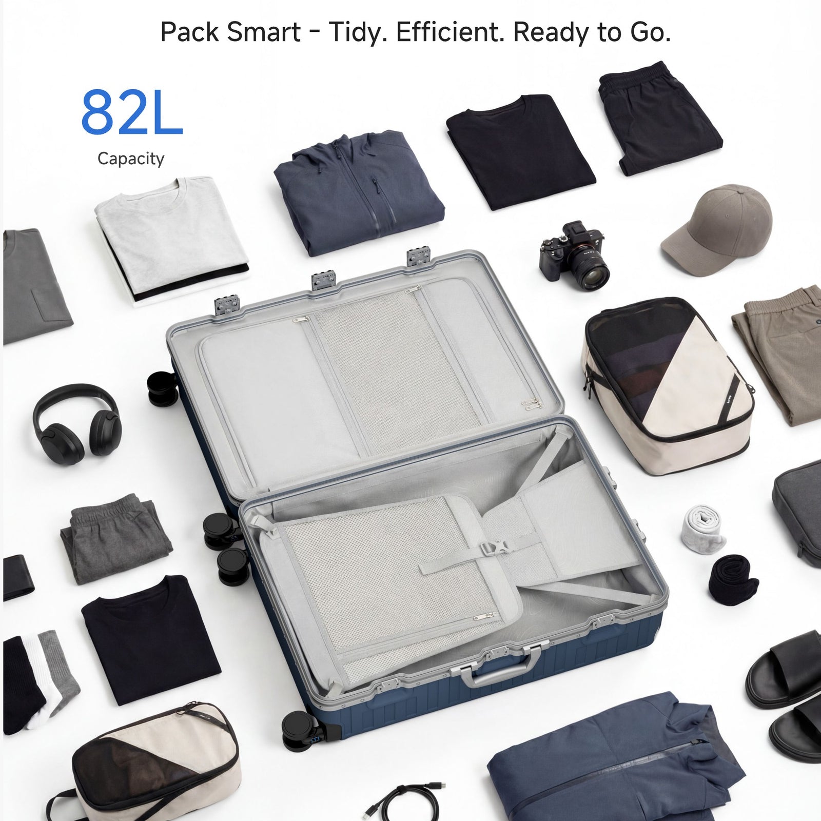LUGGEX 26-inch blue check-in suitcase open with 82L capacity, surrounded by neatly arranged travel essentials including clothing, headphones, camera, packing cubes, and accessories.#color_charcoal #show