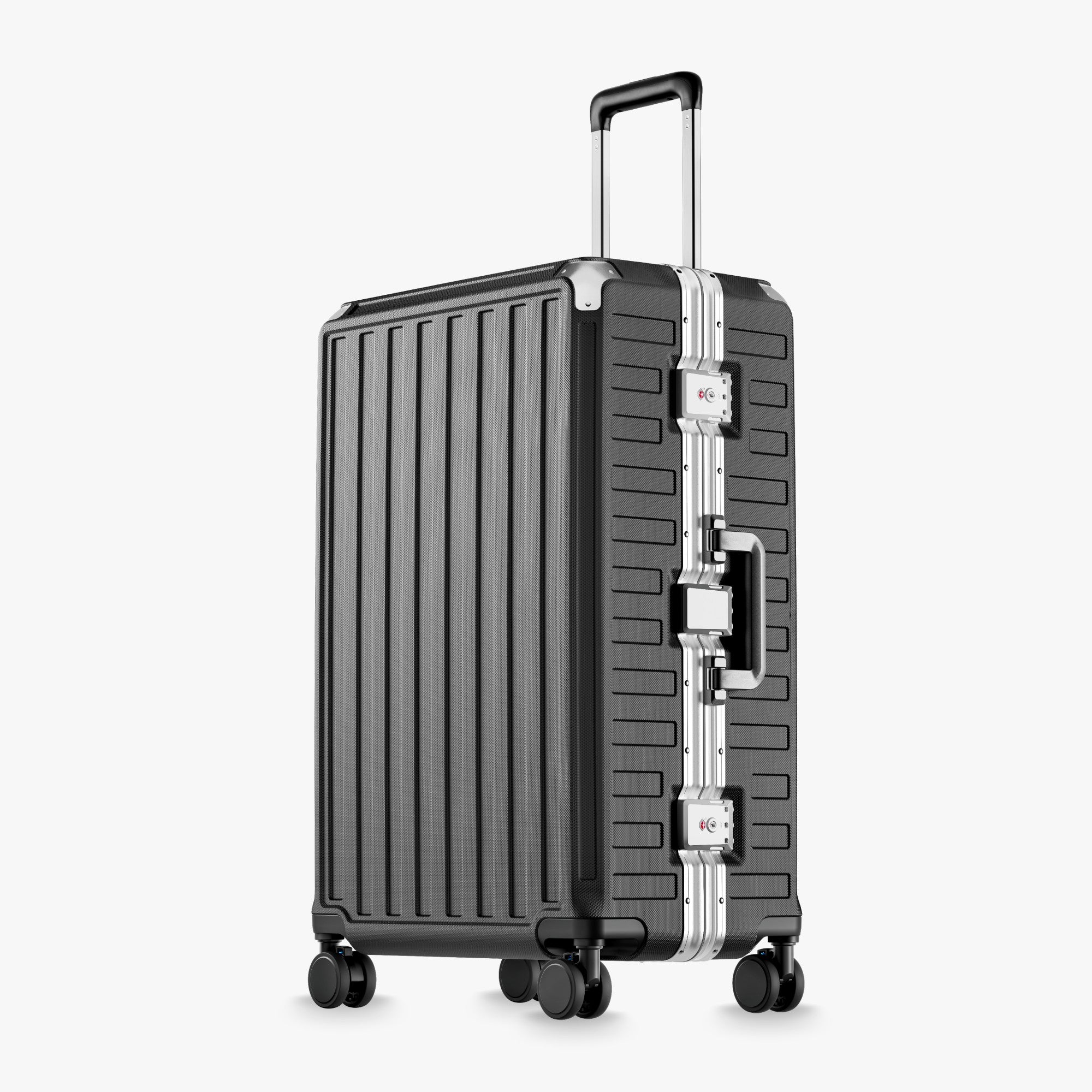 100% polycarbonate hard shell, and reinforced aluminum frame for durable protection and long-term travel use. #LUGGEX 26 inch aluminum-frame zipperless check-in suitcase with 100% polycarbonate hard shell, TSA-approved locks, and smooth spinner wheels for durable, secure travel.  #color_charcoal #show