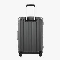 LUGGEX luggage feature diagram highlighting 3-stage adjustable handle, zipperless aluminum frame, 4 reinforced corners, 2 TSA-approved locks, removable privacy divider, and shock-absorbing spinner wheels#color_charcoal