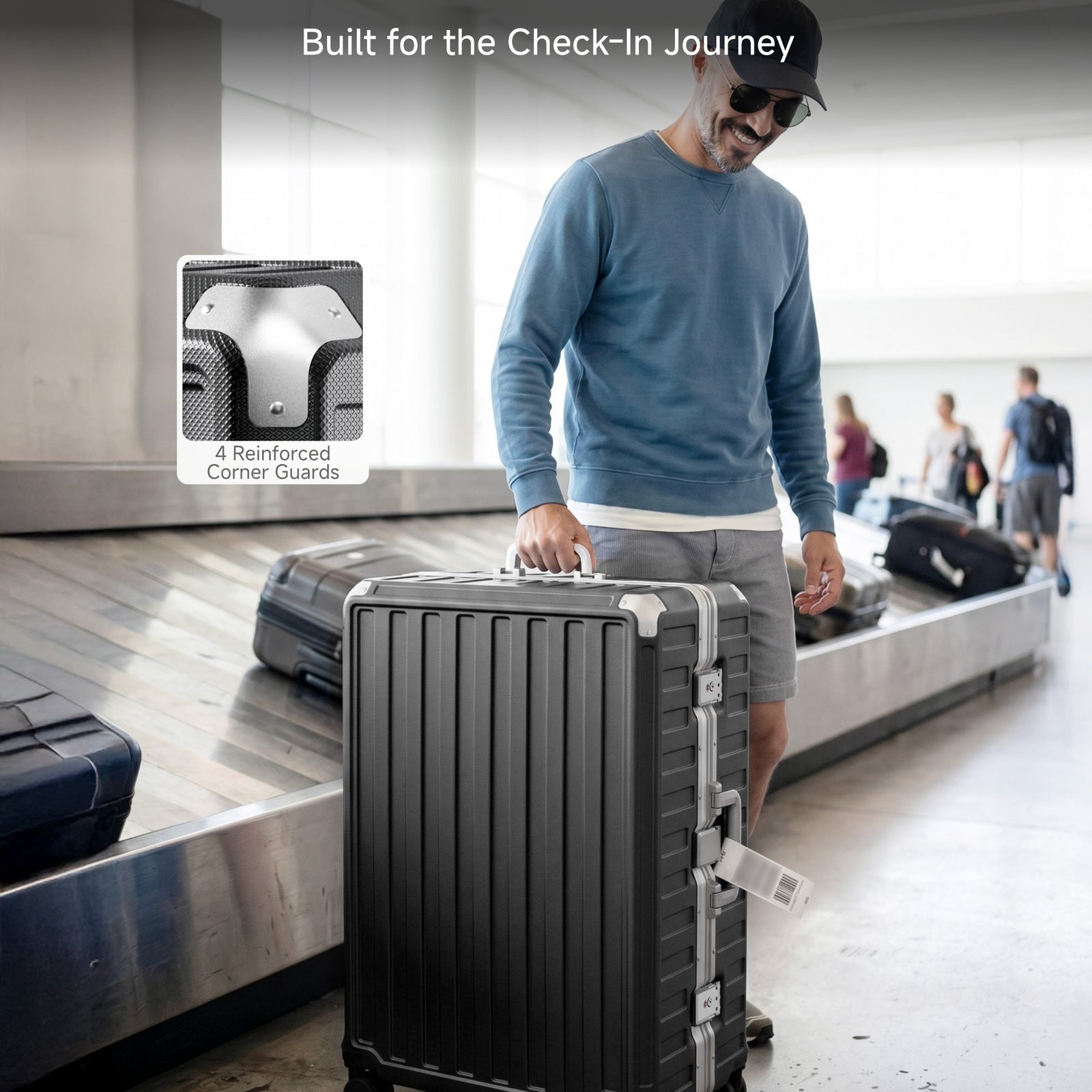 cking up a LUGGEX 26-inch black zipperless aluminum frame check-in suitcase from an airport baggage carousel, featuring 4 reinforced corner guards.#color_charcoal #show