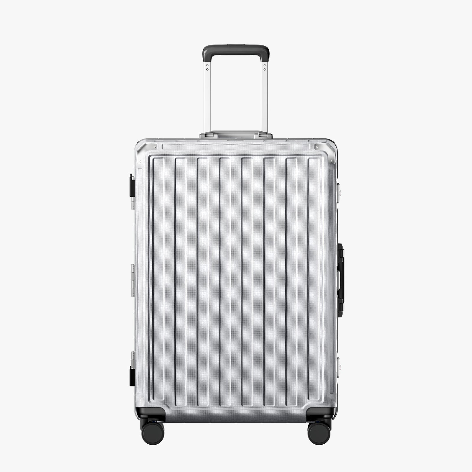 LUGGEX Zipperless aluminum 28-inch check-in luggage with a 4-stage adjustable handle, reinforced corners, dual TSA-approved locks, removable privacy divider, and shock-absorbing spinner wheels. 
