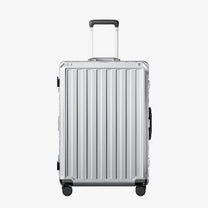 LUGGEX Zipperless aluminum 28-inch check-in luggage with a 4-stage adjustable handle, reinforced corners, dual TSA-approved locks, removable privacy divider, and shock-absorbing spinner wheels. 