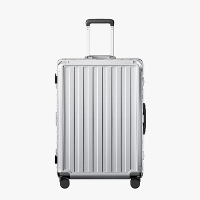 LUGGEX Zipperless aluminum 28-inch check-in luggage with a 4-stage adjustable handle, reinforced corners, dual TSA-approved locks, removable privacy divider, and shock-absorbing spinner wheels. 