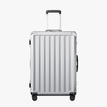 LUGGEX Zipperless aluminum 28-inch check-in luggage with a 4-stage adjustable handle, reinforced corners, dual TSA-approved locks, removable privacy divider, and shock-absorbing spinner wheels. 