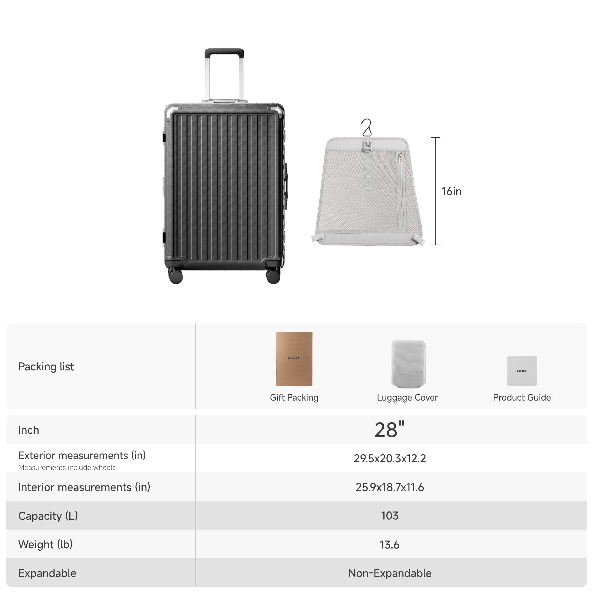 LUGGEX 28-inch aluminum frame check-in luggage size and capacity overview, showing exterior and interior dimensions, 103L capacity, non-expandable design, and removable privacy divider. 