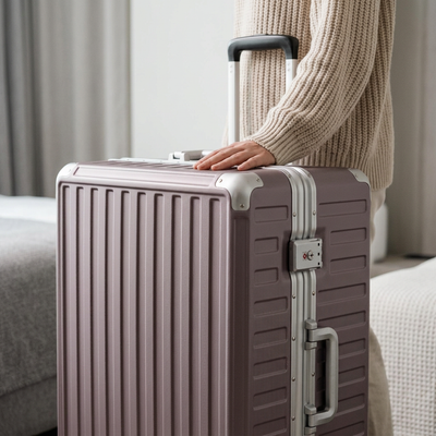 Woman's hand resting on a LUGGEX rose purple 28-inch zipperless aluminum-frame suitcase with TSA lock and silver side handle 