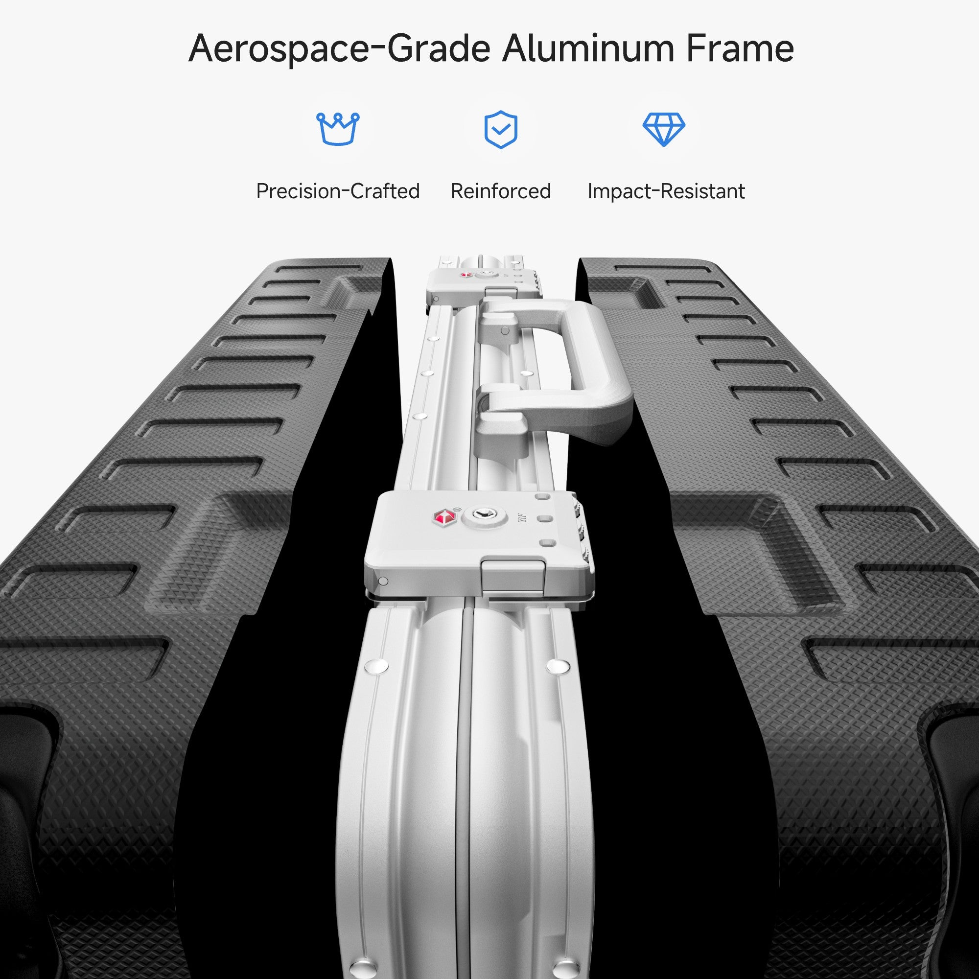 luminum frame luggage showing 100% polycarbonate shell, reinforced corner protectors, TSA-approved locks, aluminum frame structure, and 360-degree shock-absorbing spinner wheels. #color_charcoa