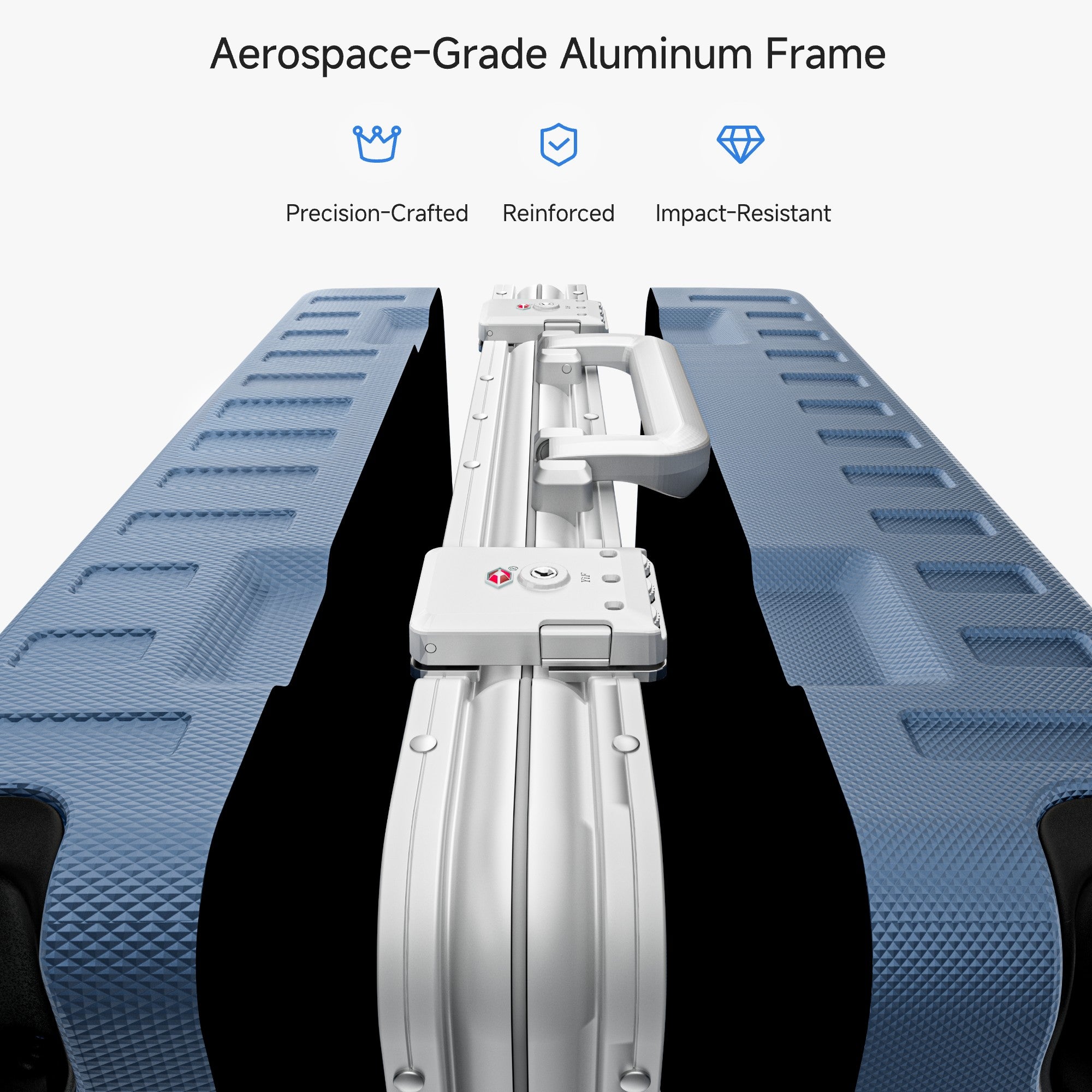luminum frame luggage showing 100% polycarbonate shell, reinforced corner protectors, TSA-approved locks, aluminum frame structure, and 360-degree shock-absorbing spinner wheels. #color_blue