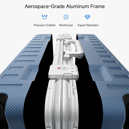 luminum frame luggage showing 100% polycarbonate shell, reinforced corner protectors, TSA-approved locks, aluminum frame structure, and 360-degree shock-absorbing spinner wheels. #color_blue