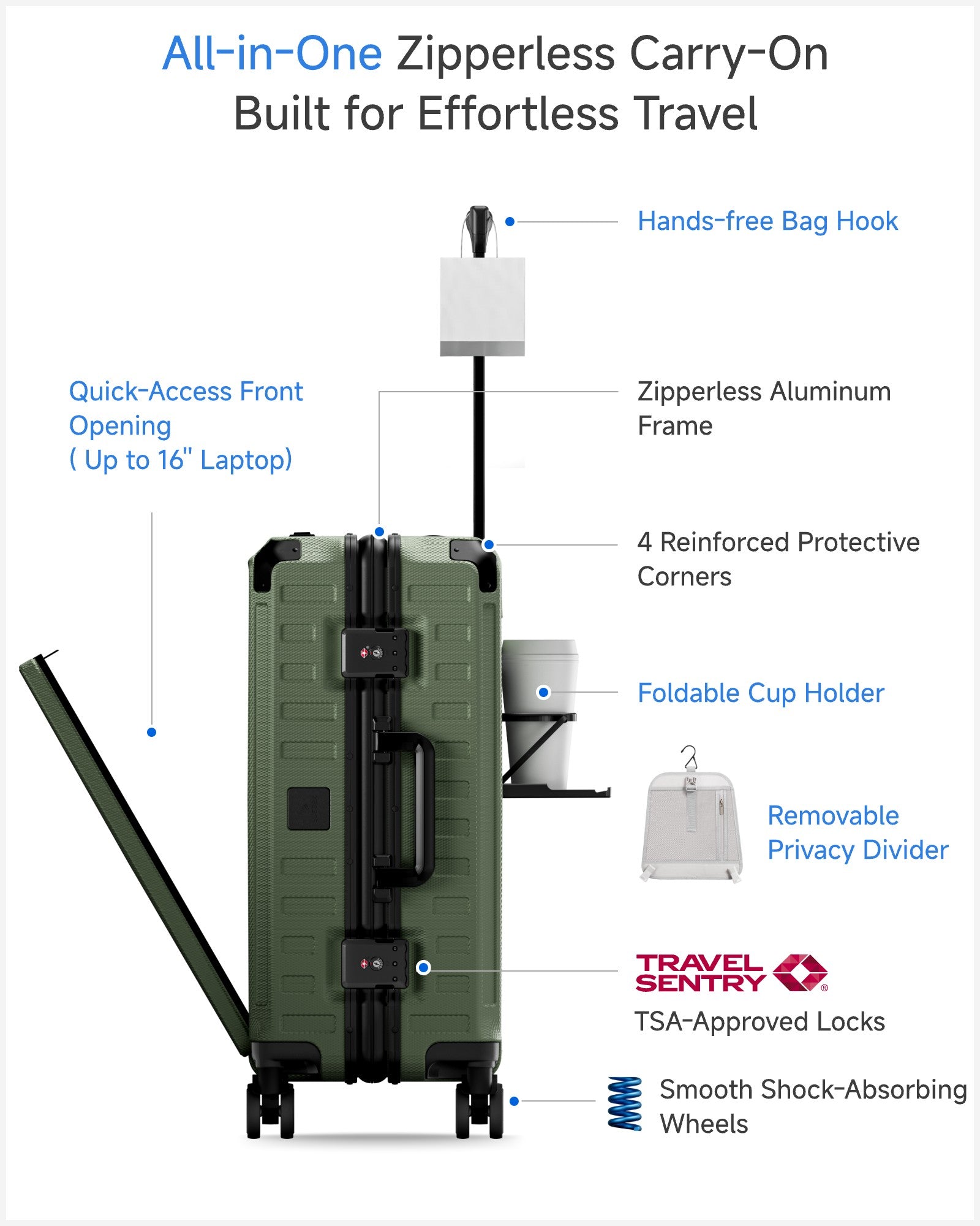 ZX All in One | Bigger Carry On | Zipperless Aluminum Frame & Front Open Olive-green 2_1x_1_9d410558-c3e2-41ec-9c35-74b99d0e0c40