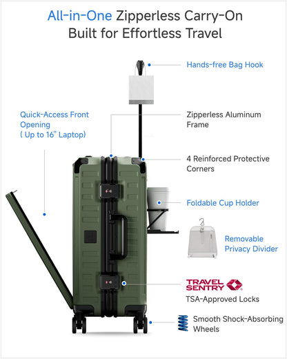 ZX All in One | Bigger Carry On | Zipperless Aluminum Frame & Front Open Olive-green 2_1x_1_9d410558-c3e2-41ec-9c35-74b99d0e0c40