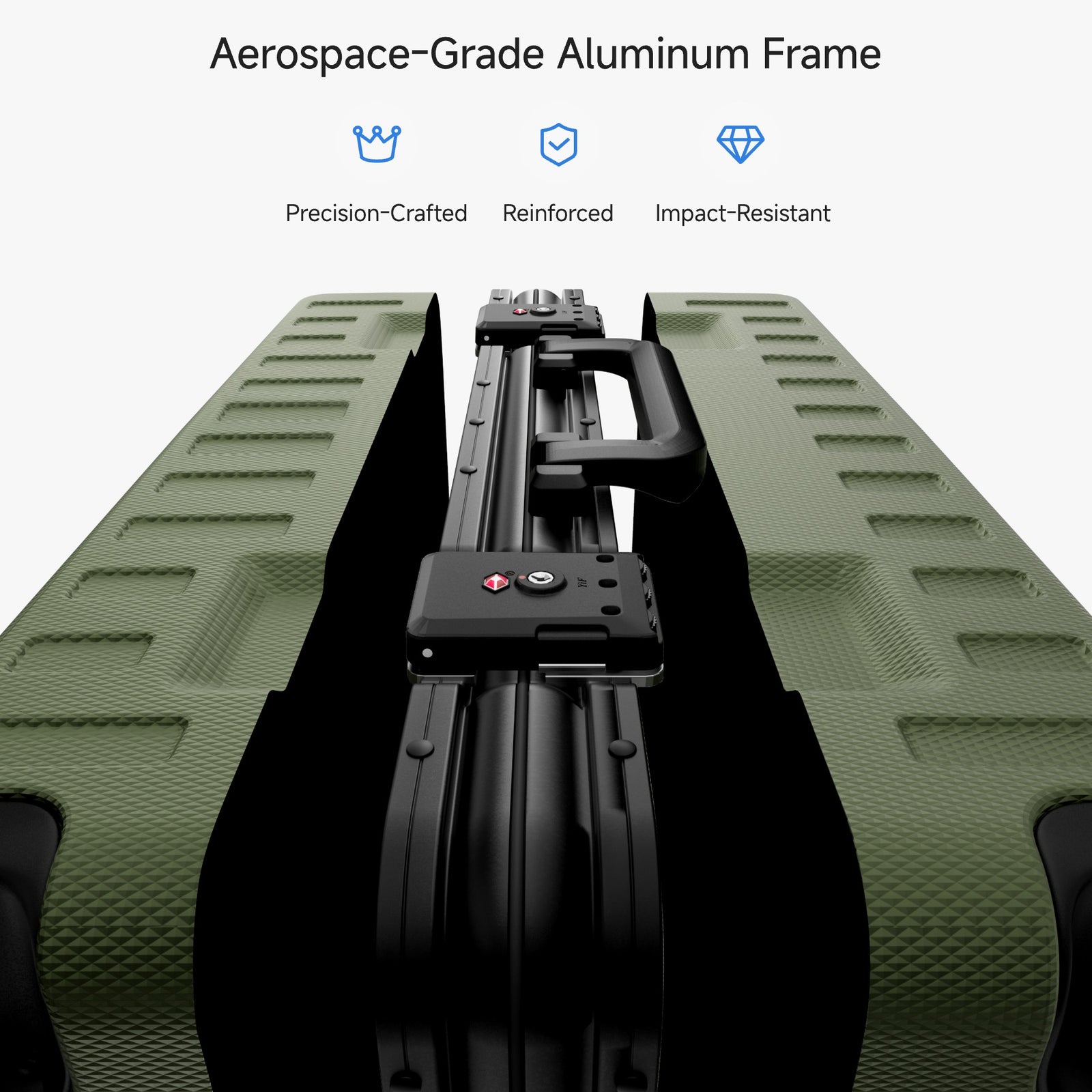 100% polycarbonate hard shell, and reinforced aluminum frame for durable protection and long-term travel use. #LUGGEX 21-inch zipperless bigger carry-on suitcase with aluminum frame and 100% polycarbonate hard shell, TSA locks, and smooth spinner wheels for durable, lightweight travel. #color_olive_green #show