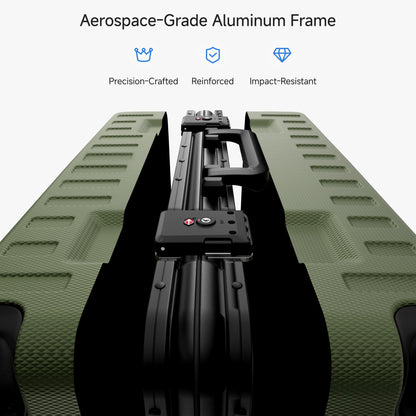 100% polycarbonate hard shell, and reinforced aluminum frame for durable protection and long-term travel use. #LUGGEX 21-inch zipperless bigger carry-on suitcase with aluminum frame and 100% polycarbonate hard shell, TSA locks, and smooth spinner wheels for durable, lightweight travel. #color_olive_green #show