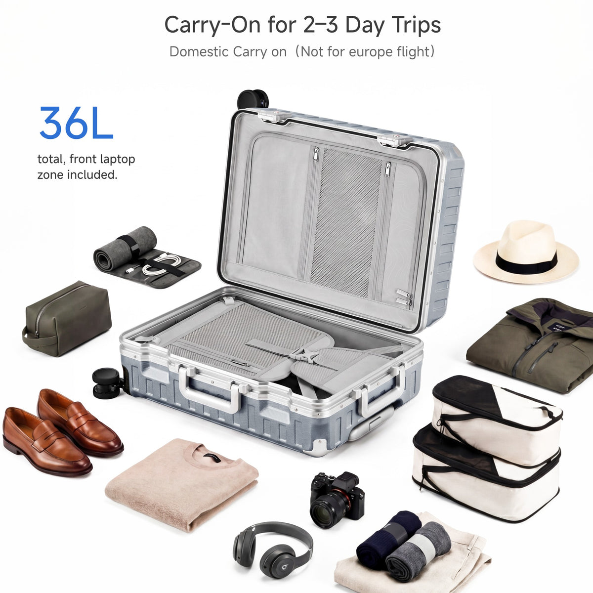 Rear view of ZX all-in-one carry-on suitcase featuring a built-in foldable cup holder, durable zipperless aluminum frame, reinforced corner guards, and smooth spinner wheels for convenient airport travel.#color_sliver_grey