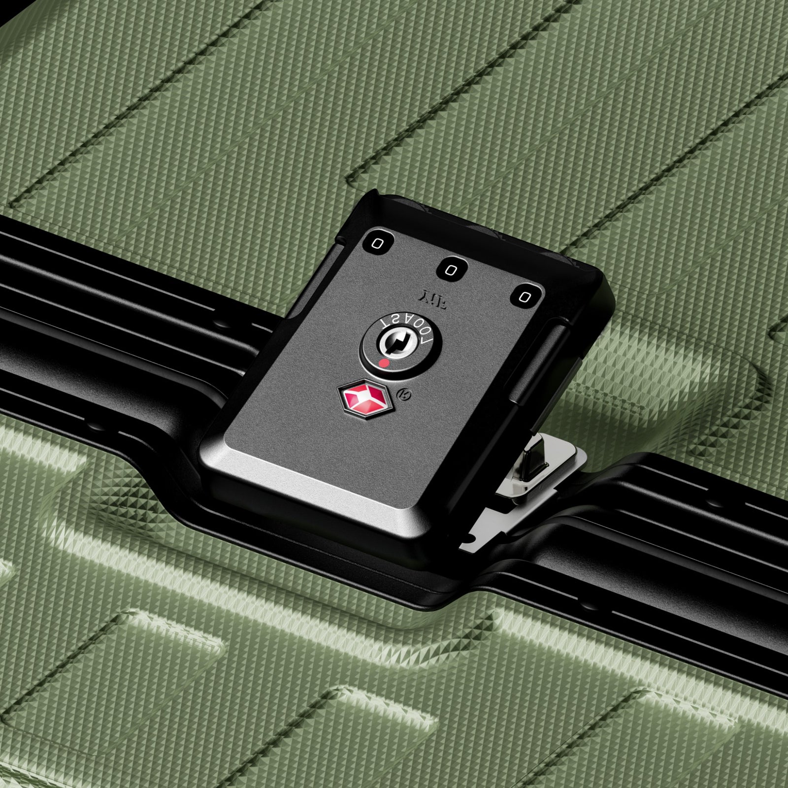 Detail view of LUGGEX ZX all-in-one aluminum carry-on featuring zipperless security lock and quick one-click opening design for fast and confident travel. #show #color_olive_green