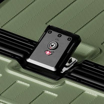 Detail view of LUGGEX ZX all-in-one aluminum carry-on featuring zipperless security lock and quick one-click opening design for fast and confident travel. #show #color_olive_green