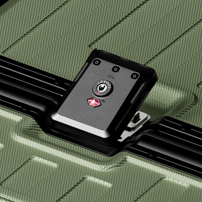 Detail view of LUGGEX ZX all-in-one aluminum carry-on featuring zipperless security lock and quick one-click opening design for fast and confident travel. #show #color_olive_green