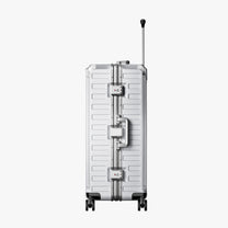 LUGGEX Zipperless aluminum 28-inch check-in luggage with a 4-stage adjustable handle, reinforced corners, dual TSA-approved locks, removable privacy divider, and shock-absorbing spinner wheels. 