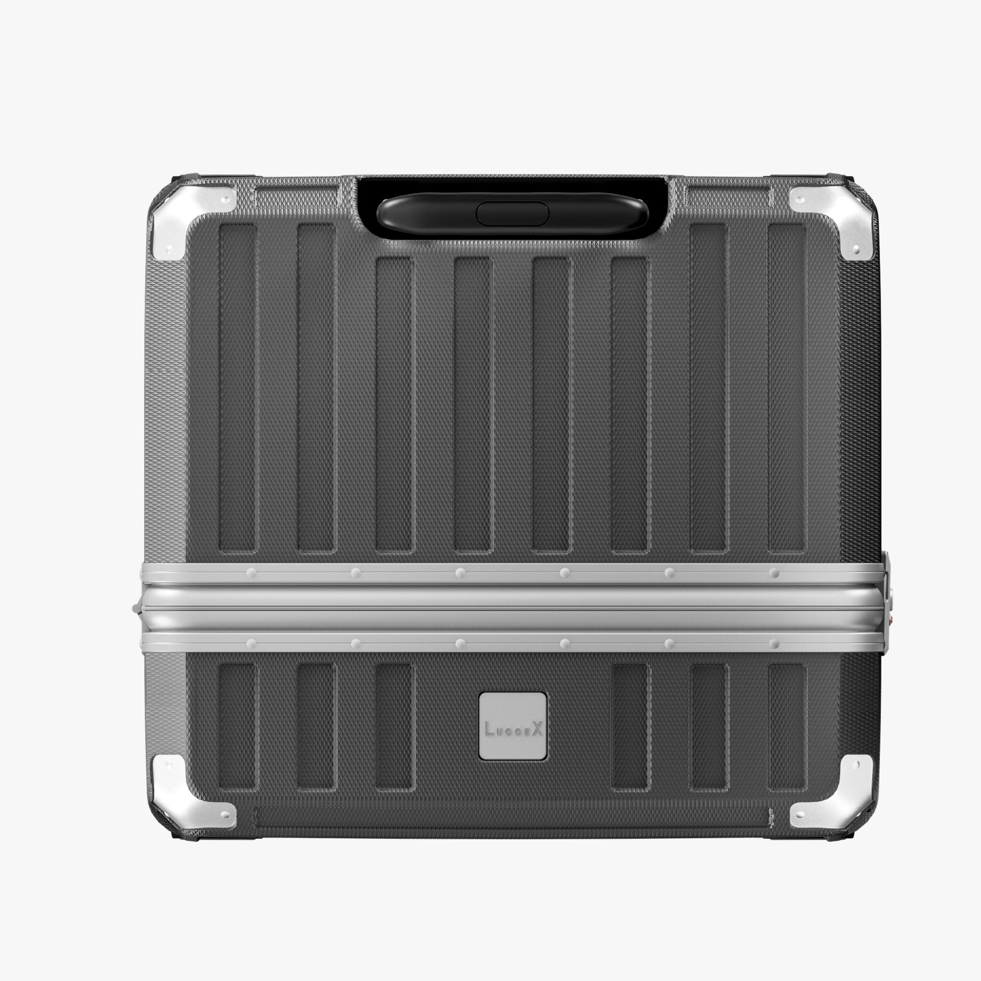 LUGGEX Zipperless aluminum 32-inch check-in luggage with a 4-stage adjustable handle, reinforced corners, dual TSA-approved locks, removable privacy divider, and shock-absorbing spinner wheels. #color_charcoal