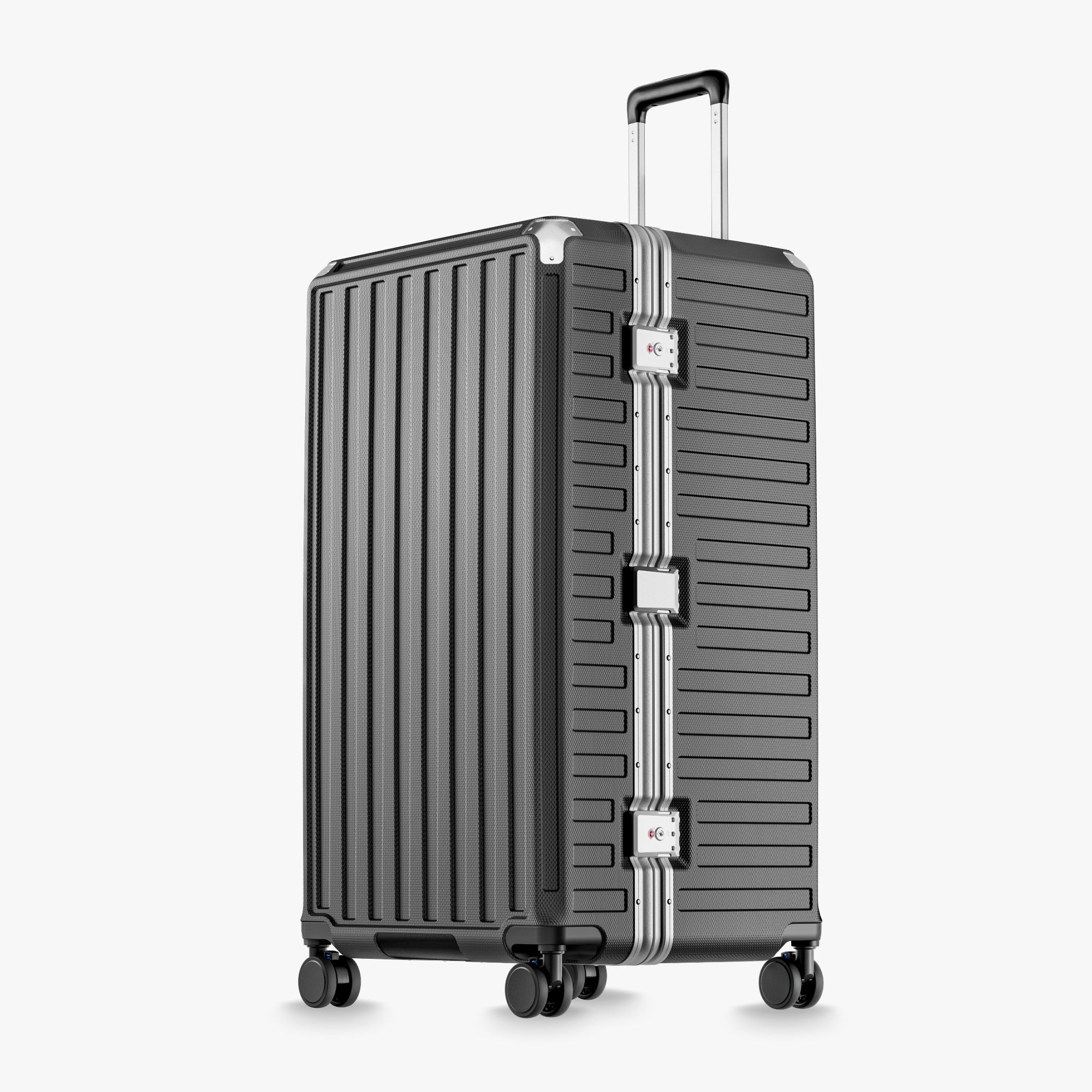 LUGGEX Zipperless aluminum 32-inch check-in luggage with a 4-stage adjustable handle, reinforced corners, dual TSA-approved locks, removable privacy divider, and shock-absorbing spinner wheels. #color_charcoal