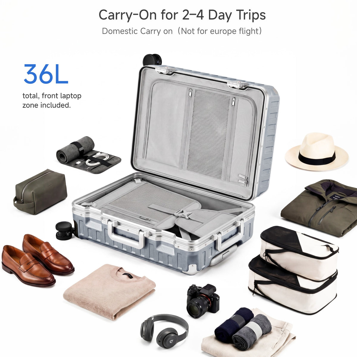 Rear view of ZX all-in-one carry-on suitcase featuring a built-in foldable cup holder, durable zipperless aluminum frame, reinforced corner guards, and smooth spinner wheels for convenient airport travel.#color_sliver_grey