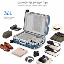 Rear view of ZX all-in-one carry-on suitcase featuring a built-in foldable cup holder, durable zipperless aluminum frame, reinforced corner guards, and smooth spinner wheels for convenient airport travel. #color_blue