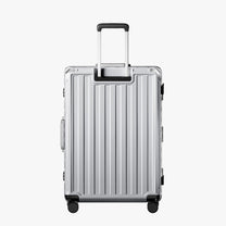 LUGGEX Zipperless aluminum 28-inch check-in luggage with a 4-stage adjustable handle, reinforced corners, dual TSA-approved locks, removable privacy divider, and shock-absorbing spinner wheels. 