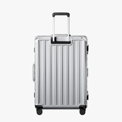 LUGGEX Zipperless aluminum 28-inch check-in luggage with a 4-stage adjustable handle, reinforced corners, dual TSA-approved locks, removable privacy divider, and shock-absorbing spinner wheels. 