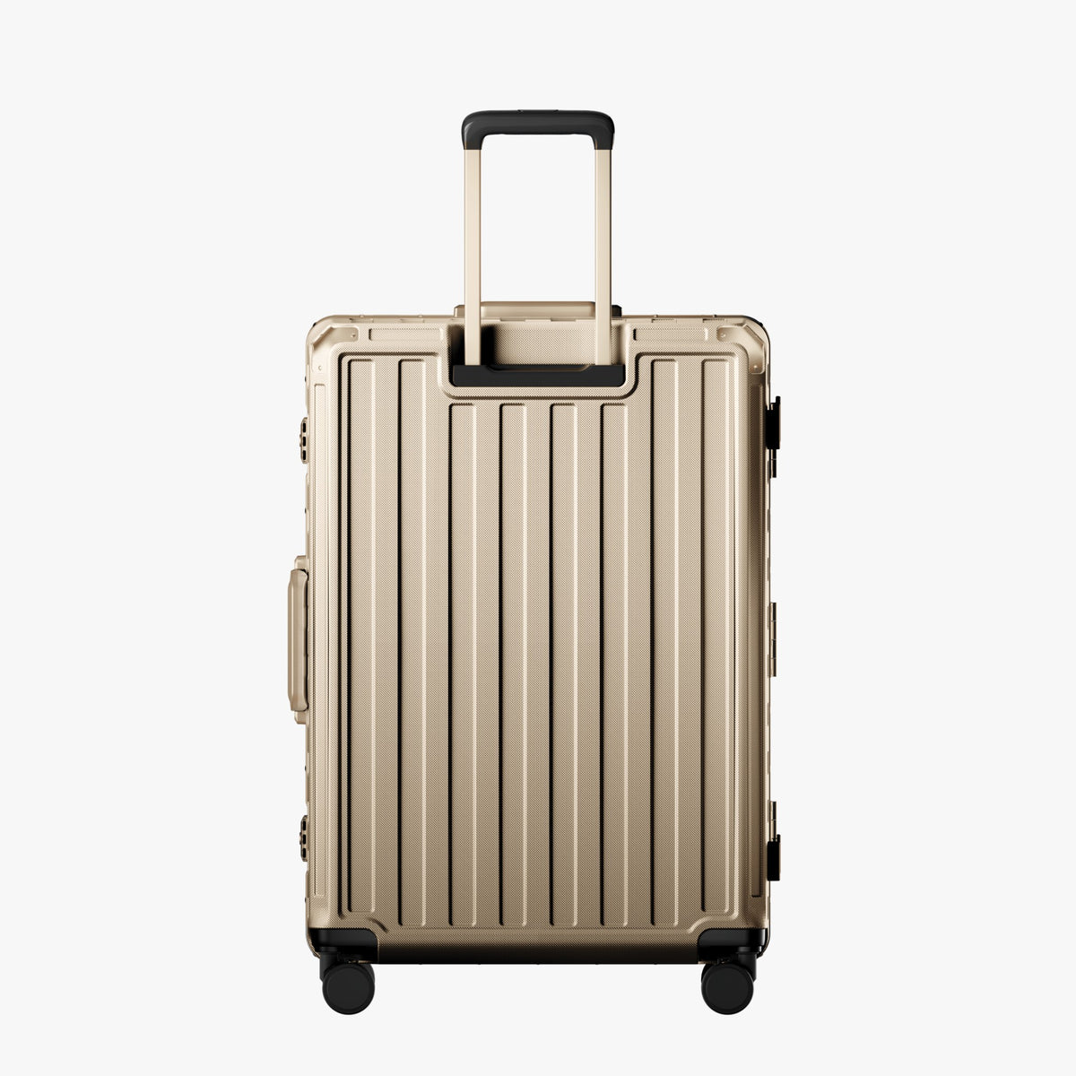 LUGGEX carry-on luggage in silver with silver aluminum frame — front, back, and side views showing zipperless hard shell, TSA lock, and spinner wheels. 