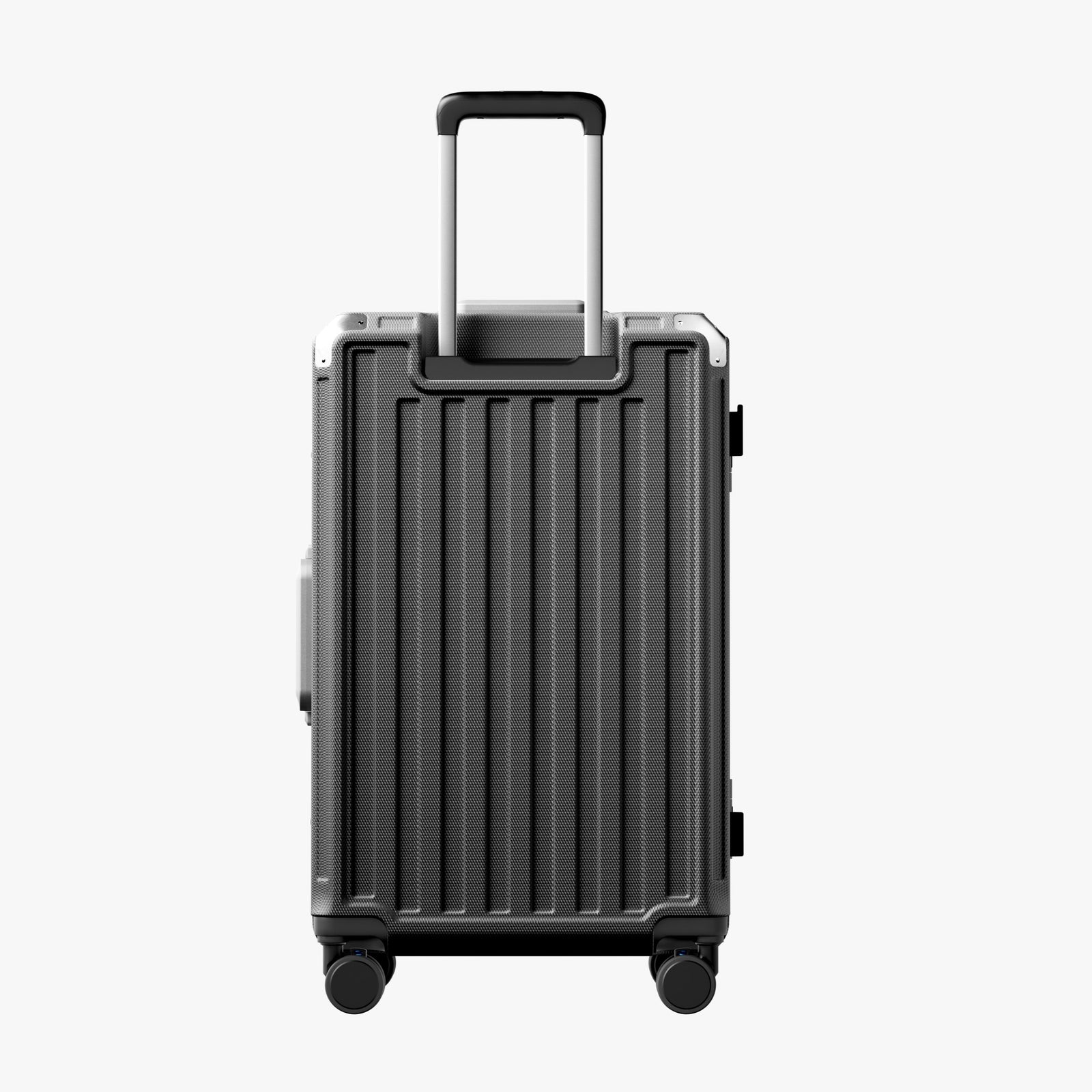 Front view of a check-in suitcase with a 100% polycarbonate shell, designed for lightweight durability and impact resistance. 